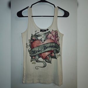Harley-Davidson Cream Tank Top with Heart Graphic And Rhinestones